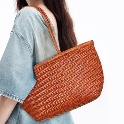 Genuine Leather Handwoven Tote Bags For Women Luxury Designer Handbags And Purses 2025 New In Cowhide With Inner Pocket Shoulder