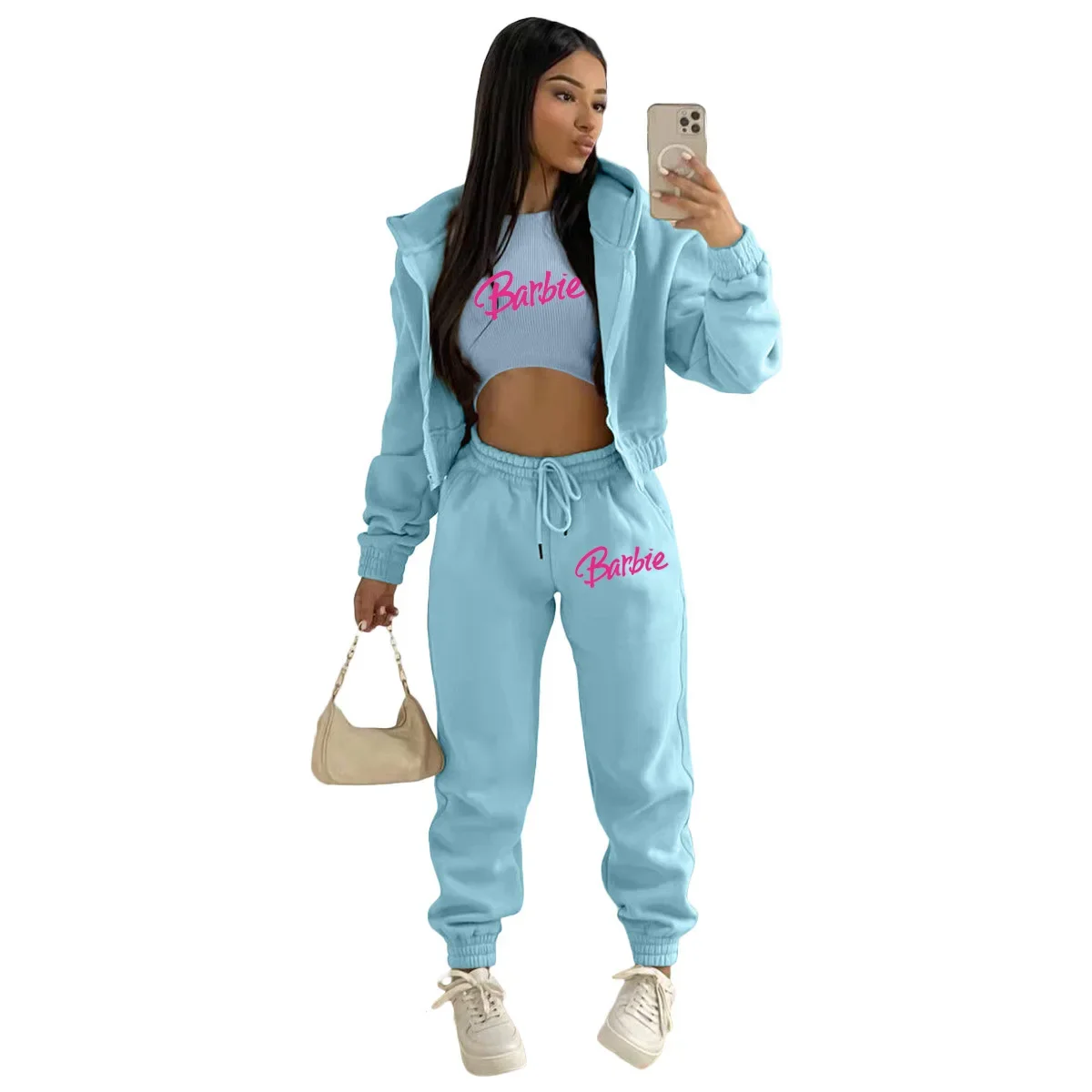 Barbie Fleece Sweatshirt Hooded Sports Casual Suit Anime Leisure Girl Jacket Vest Sweatpants Three-piece Set Clothing Gifts