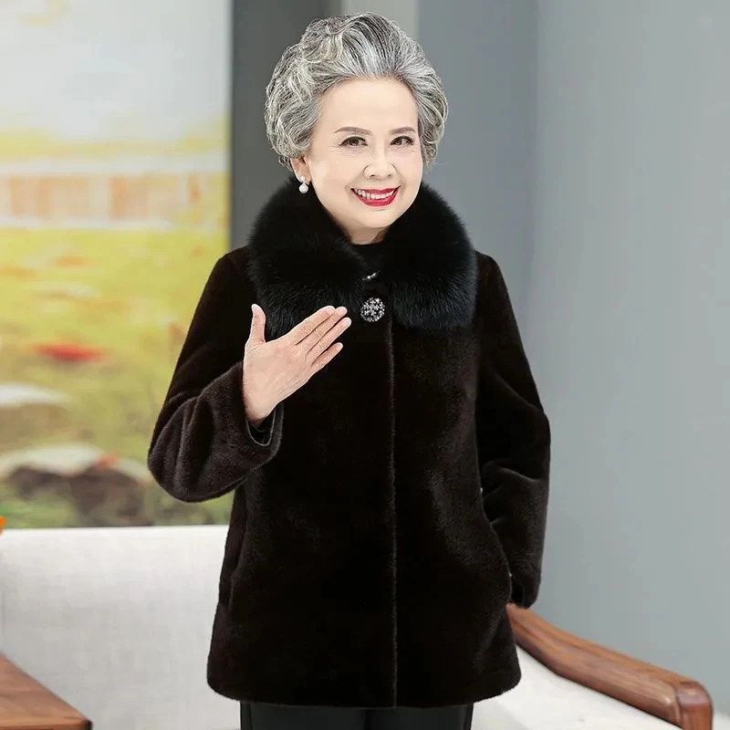 

Middle Aged Elderly Mothers' Mink Fur Coat 2024 Winter New Thicken High-end Faux Fur Jacket Grandma Women's Parkas Overcoat 6XL