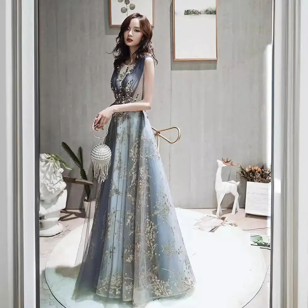 Women's Elegant Dusty Blue Formal Dress Gold Floral Appliqued Floor-Length Gown Vestidos