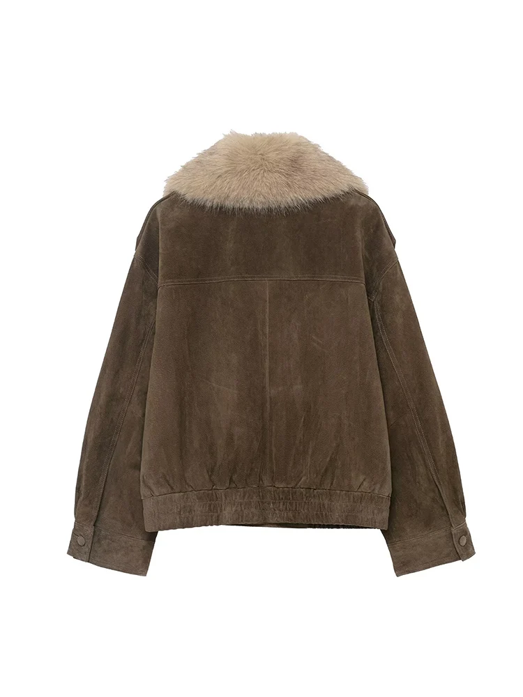    Elegante Frauen Wildleder Lose Jacke Mode Faux Pelz Kragen Zweireiher Jacke 2025, Winter High Street Kurze Streetwear