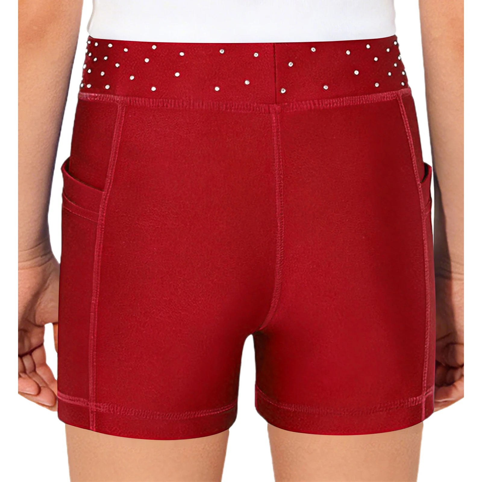 Kids Girls Ballet Dance Gymnastics Shorts Elastic Waistband Shiny Rhinestone Athletic Shorts with Pockets for Yoga Workout Sport