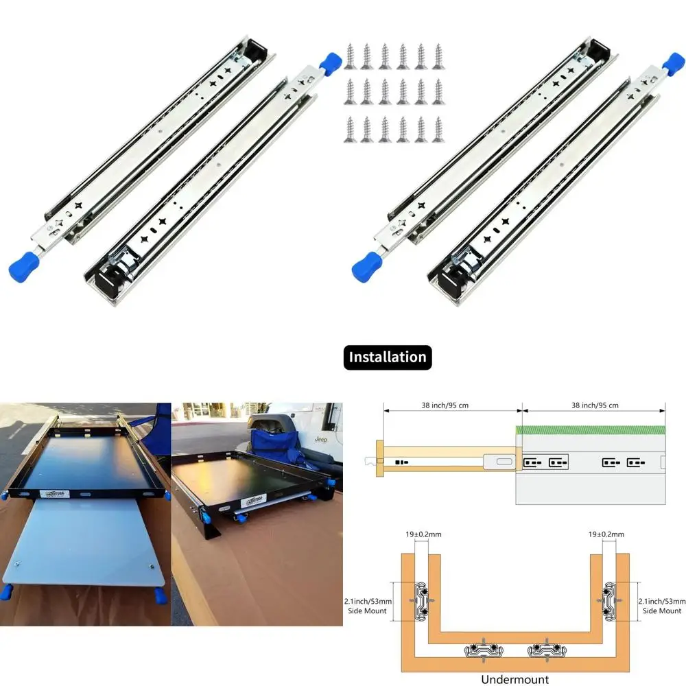 

Пара усиленных выдвижных направляющих для ящиков с фиксацией, грузоподъемность 38 260 фунтов, полный выдвижной ход, боковое крепление, направляющие из нержавеющей стали с шарикоподшипниками.
