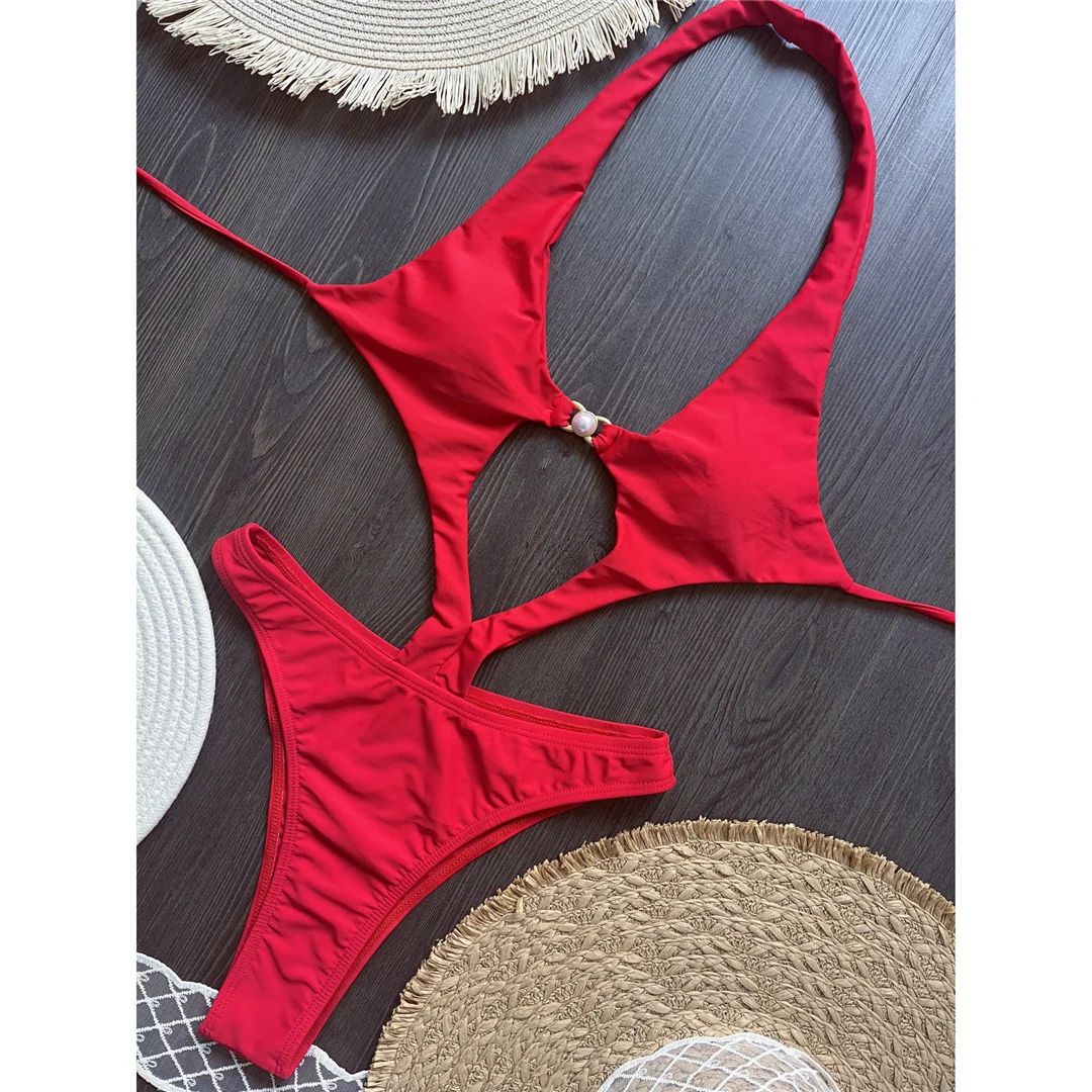 Sexy Cut-Out-Neckholder-Badeanzug mit hohem Beinausschnitt für Damen, einteiliger Badeanzug, Damen-Monokini mit Perlen, gepolsterter Badeanzug, Badebekleidung, Badeanzug V6590 – Detail 6