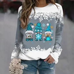 Snowflake Patchwork Casual Pullovers Tops 2024 Christmas Long Sleeve Crew Neck Women Sweater Xmas Drawf Gnome Print Sweatshirts