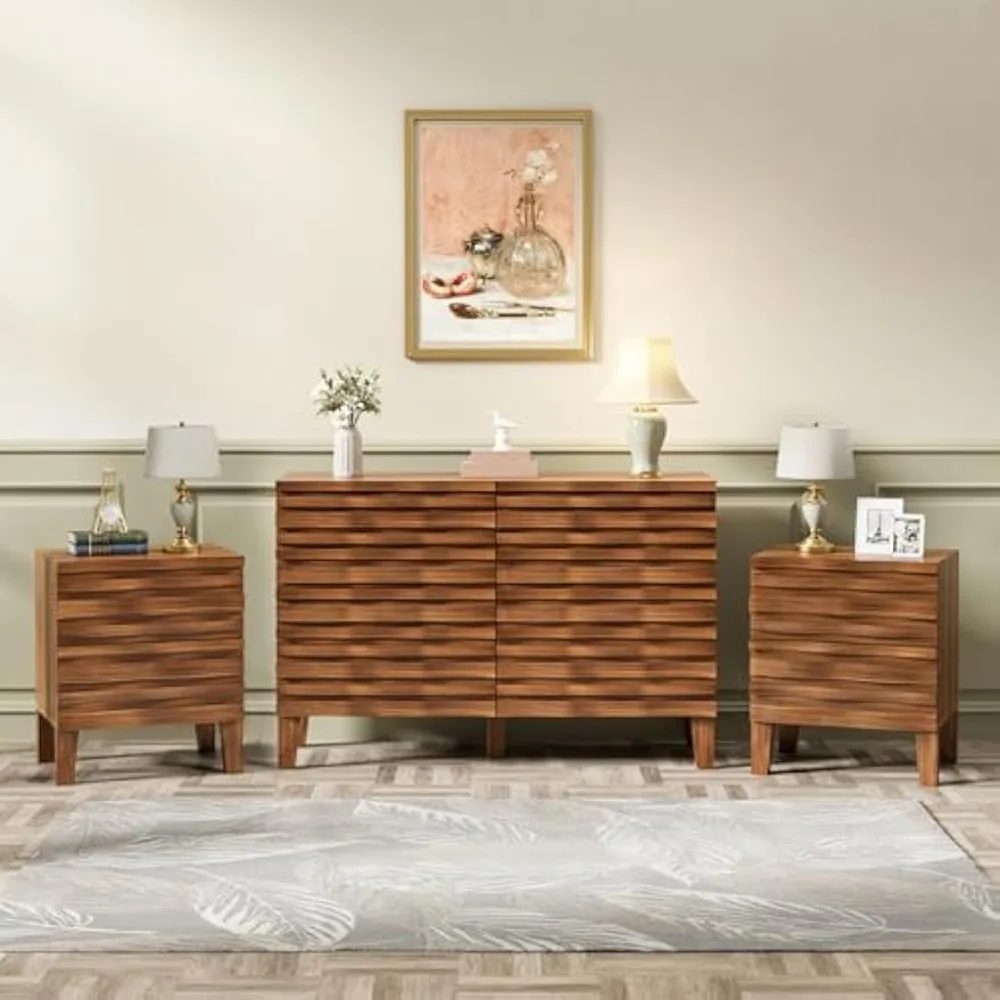 

mid-century modern solid wood 6-drawer dresser and nightstand set with fluted design for bedroom