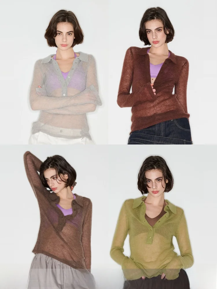 

Museum Naps Wool Blend irt Long Sve Knitted Sweater Casual Slim Fit Four Color Blo V Ne Women's Faion Top
