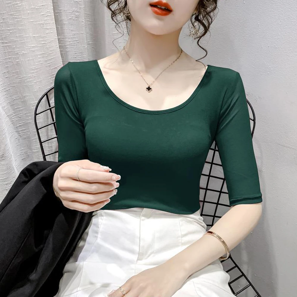 

S-3XL Short Sleeve O neck T Shirt Green Blue Black White Purple Khaki Ladies Slim Stretch Tops Fashion Half Sleeve Shirts Women