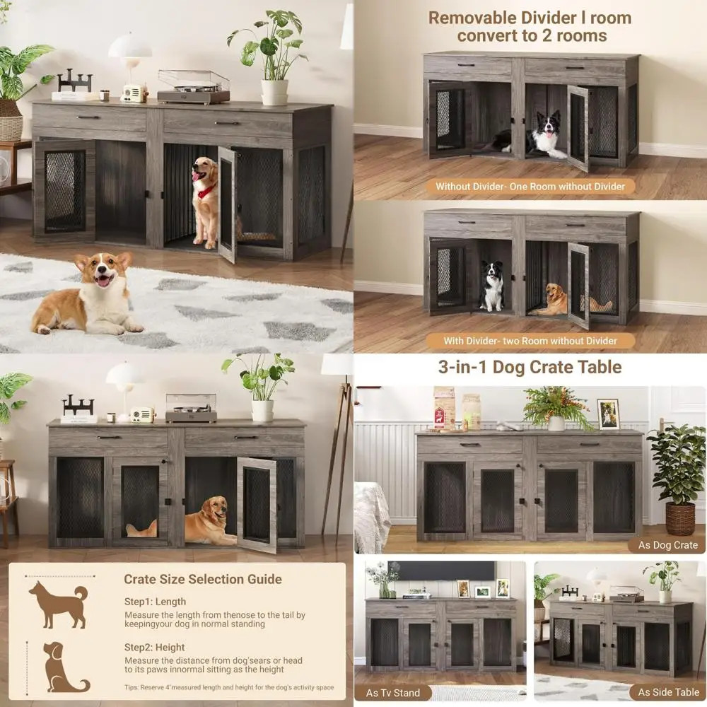 

Сверхмощный деревянный двойной ящик для собак XXL, подставка для телевизора со съемным перегородкой для внутреннего использования и 71-дюймовым пространством в клетке