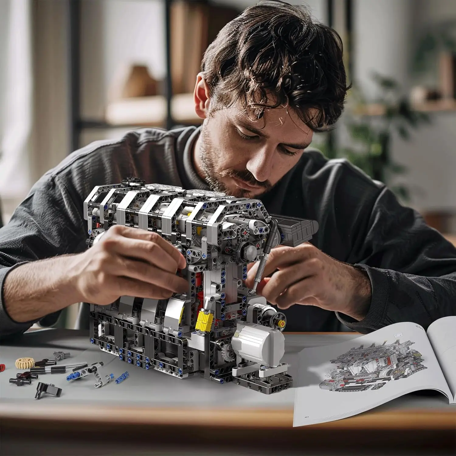 

Mold King L4 engine block set, MOC inline four engine proportional model set, with powertrain, adult collectible set, 1787 piece