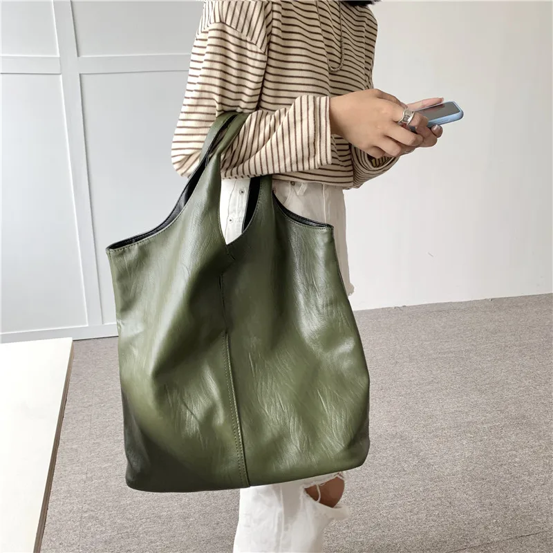 

PU Soft Leather Shoulder Tote Bag Large Capacity Fashion Reversible Ladies Bags Casual High-end Portable Vegetable Basket Bucket
