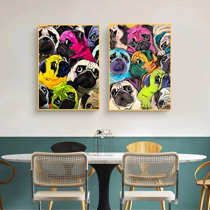 Cute Crowded Pugs Dog Poster Canvas Painting Colorful Funny Animal Wall Art Print for Kid Living Room Home Decor Cuadros Gift