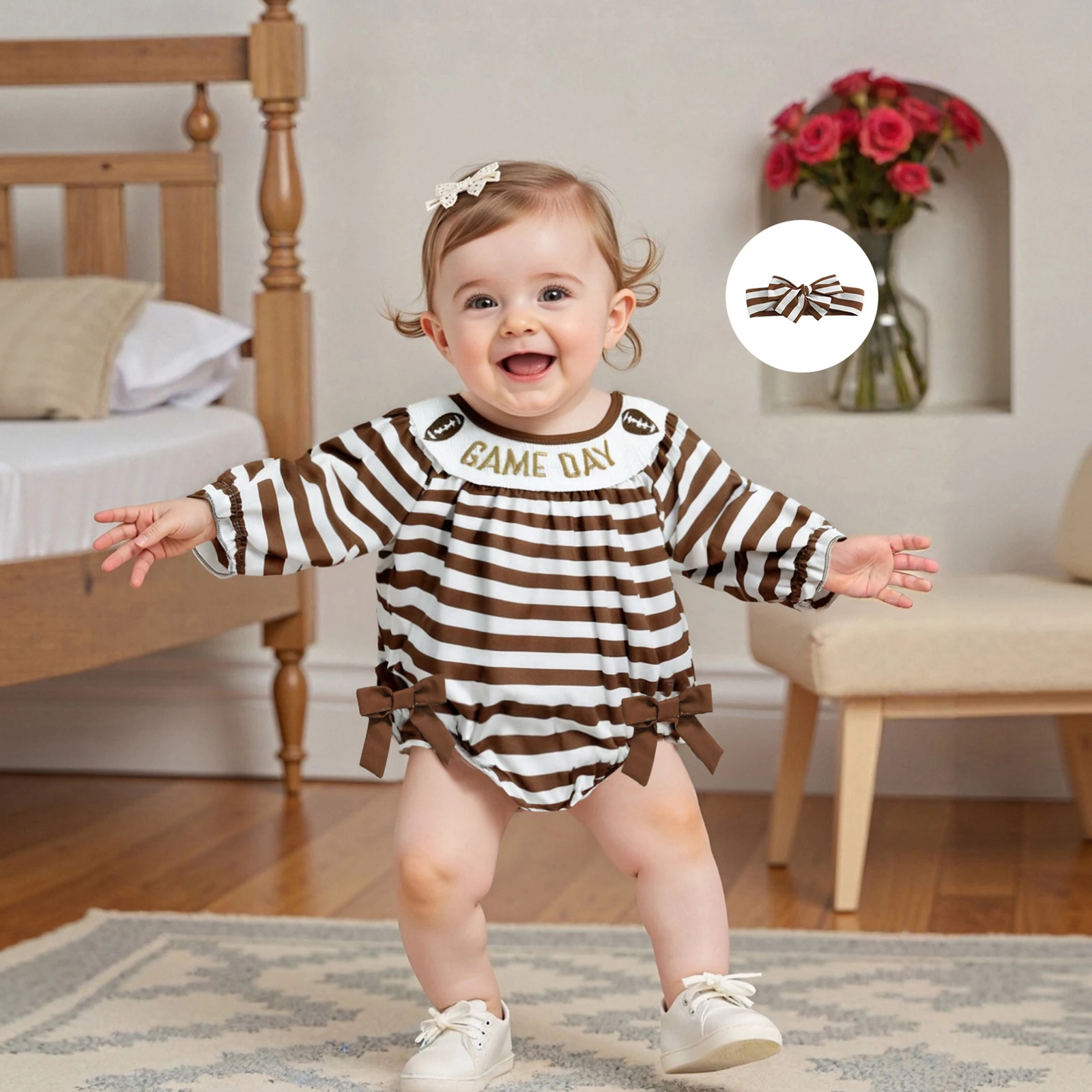 

Baby Girl Striped Romper Fall Rugby Letter Pattern Long Sleeve Bubble Ruffle Jumpsuit with Bow Headband Newborn Clothes