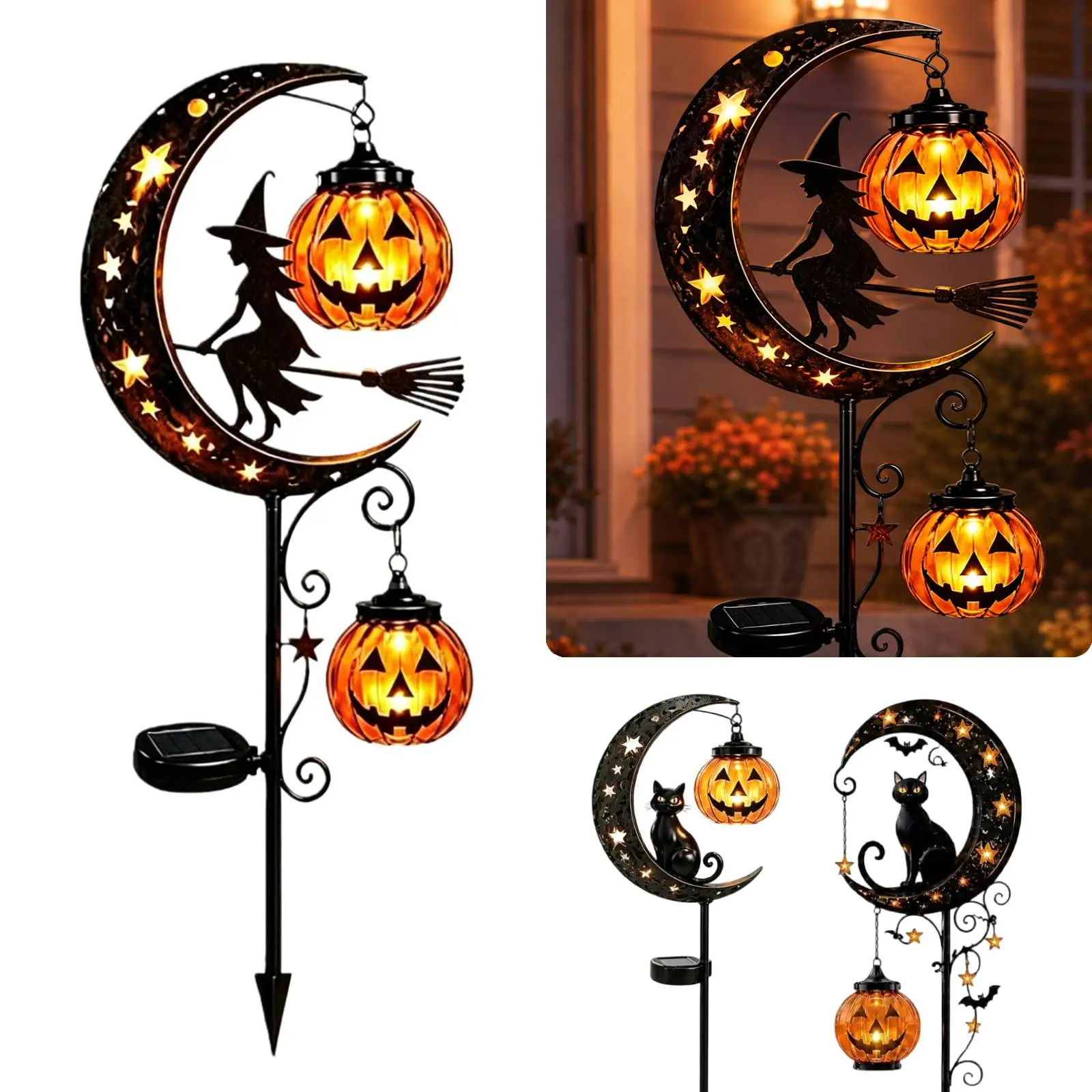 Solar Powered Black Cat & Pumpkin Moon Stake Light Weatherproof Halloween Decorations Solar Lamp Auto On/Off for Halloween Decor