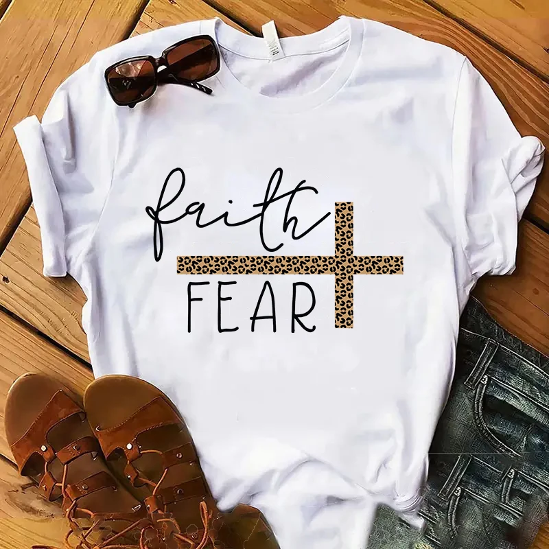 Jesus Cross Print Women T-shirt Leopard Christian Tops Harajuku Faith Love Hope Graphic Tees Female T Shirts Casual Tees