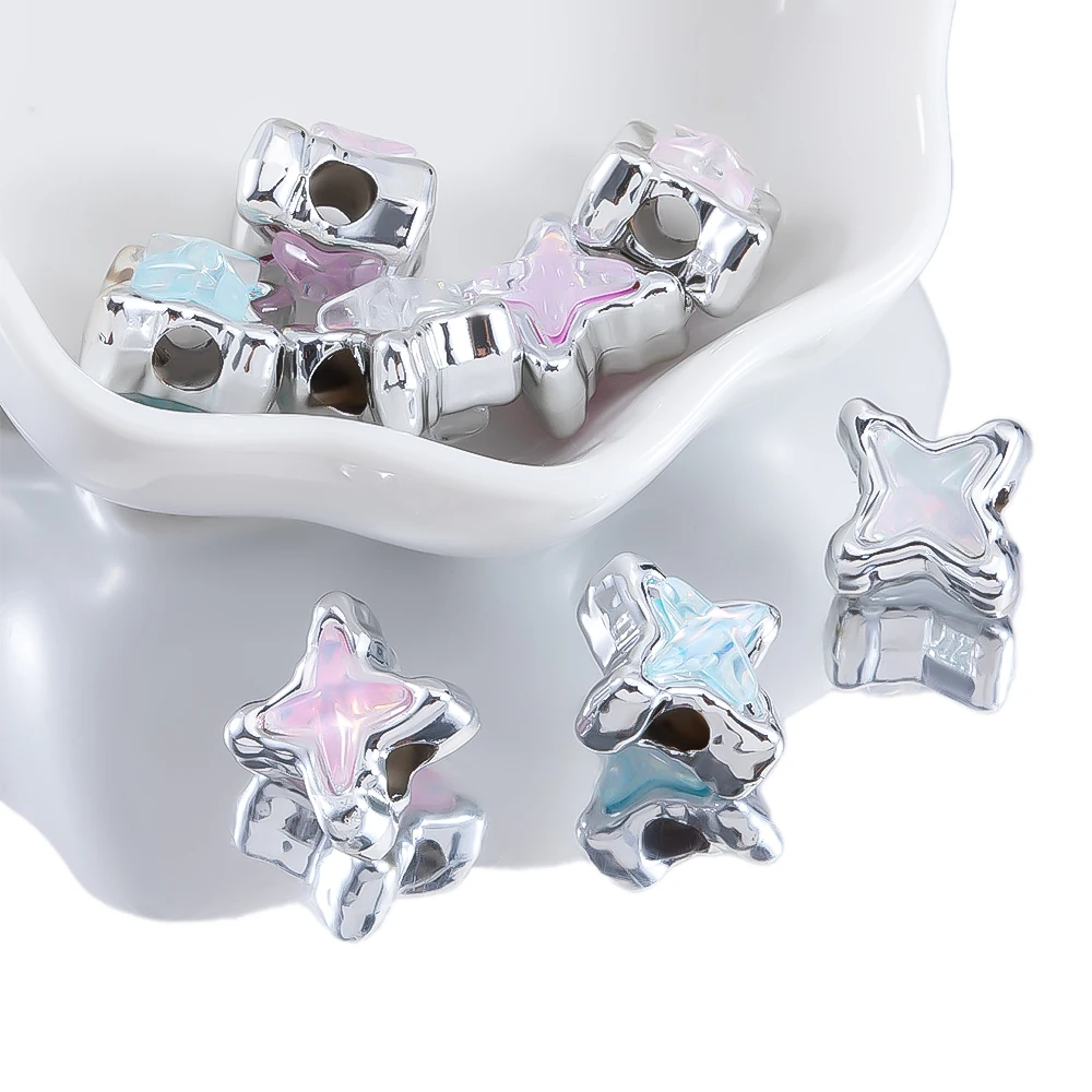 10pcs Y2K Style ABS Love Heart Rabbit Star Loose Beads Silver Color Charm Plastic DIY Bracelets Necklace Jewelry Making Supplies