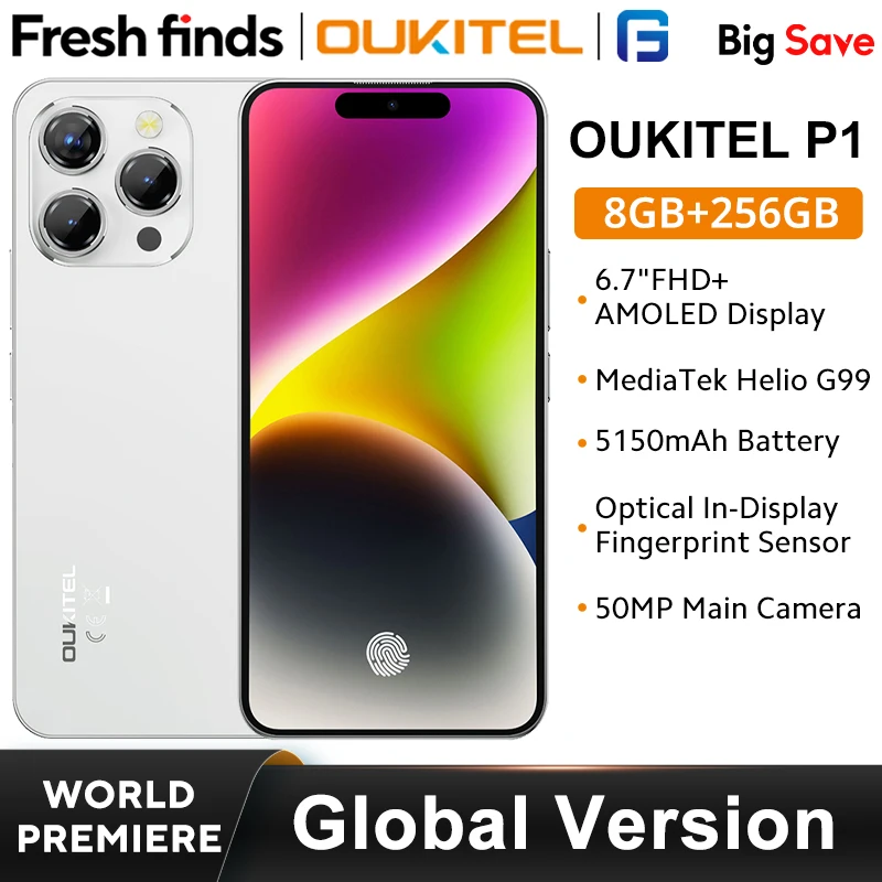 OUKITEL P1 Smartphone 6.7'' AMOLED Display  MTK Helio G99  8GB 256GB Global Version 50MP Camera 5150mAh NFC Android 14   Cellpho