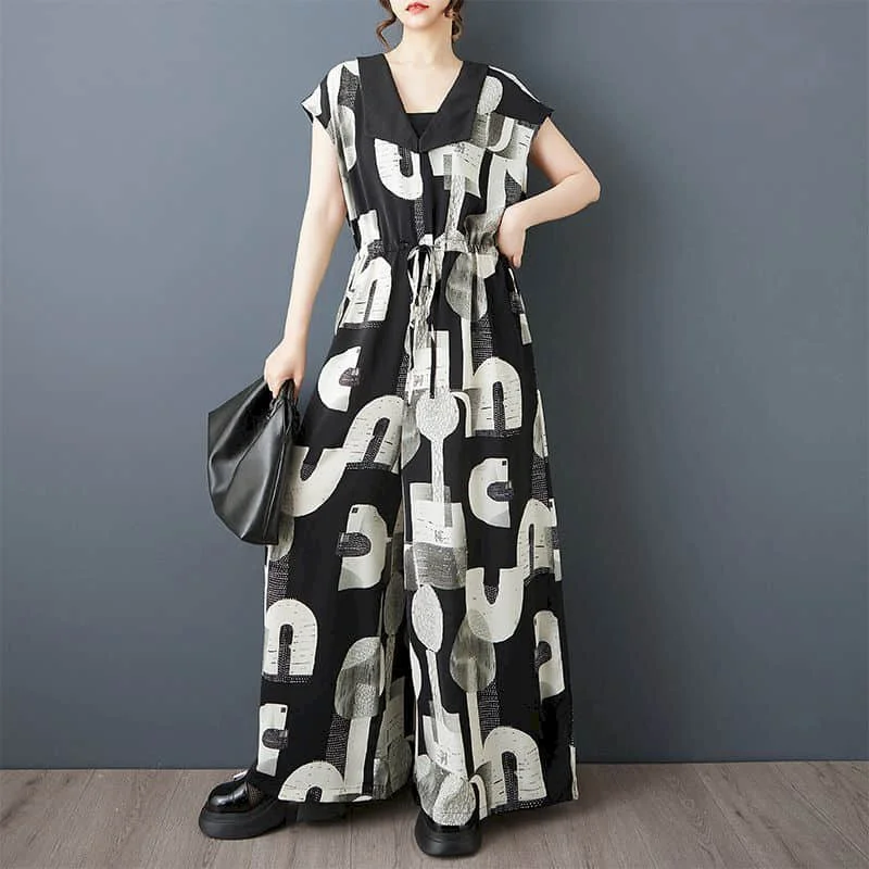 Oversize Jumpsuits Women Short Sleeve Casual Print One Piece Outfit Women Playsuit Vintage Overalls for Women Wide Leg Pants