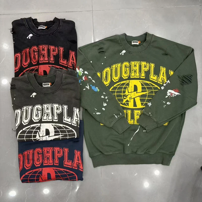 Streetwear Washed Vintage Destroyed Crewneck Rough Play Pullover Arm Splash Print Retro Letter Loose Oversize Man Sweatshirts