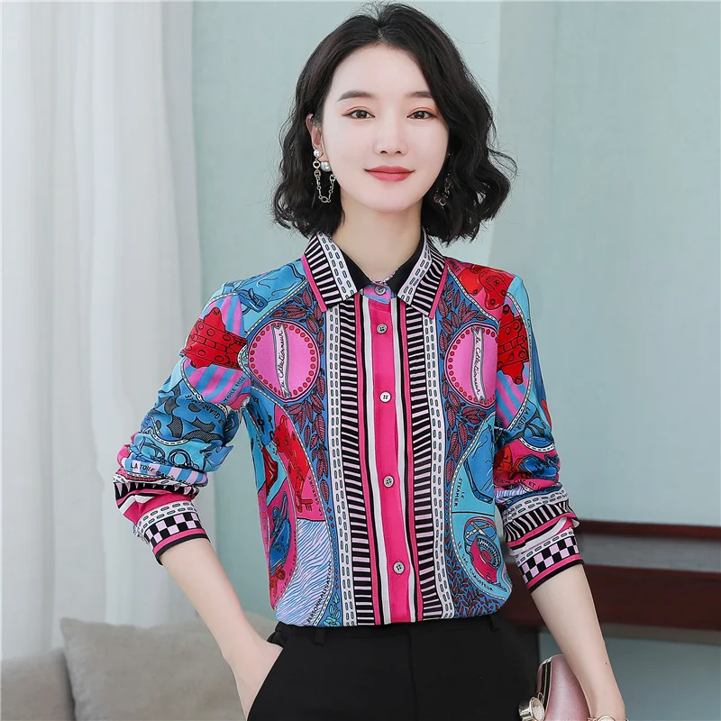 

Printed Silk Shirt New WomenTurn-Down Collar Retro Hong Kong Style Design Sin