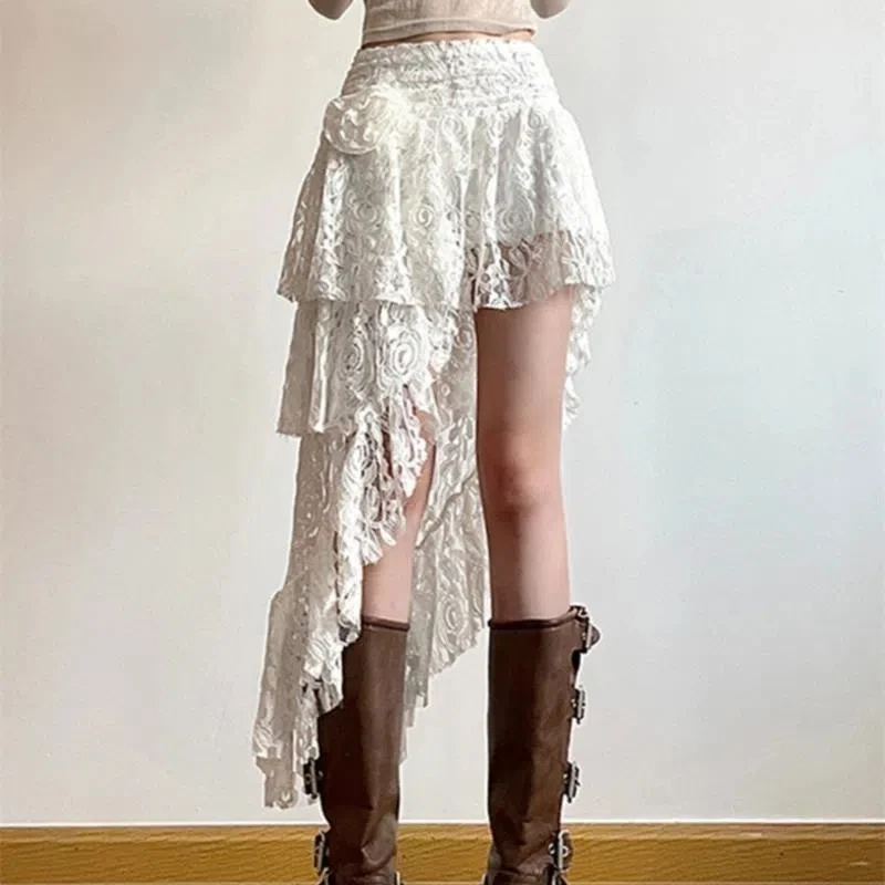 Bohemian Spicy Girl French Lace Vintage Irregular 2024 Summer New Patchwork Hollow Out Solid Minimalist Casual All-match Skirts