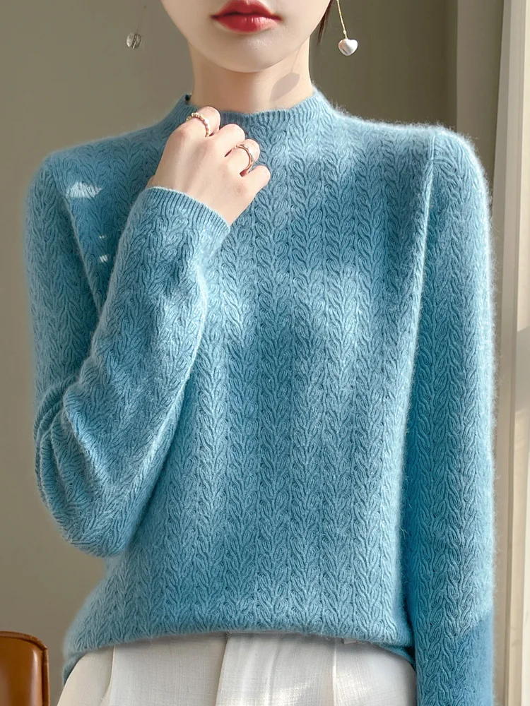 

Merino 100% Wool Women's Knitted Shirt Half-high Collar Lace-up Hollow-out Casual Fashionable Cashmere Sweater