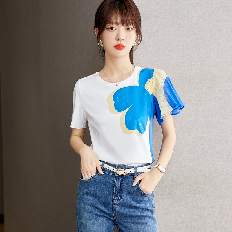 Spliced Print Short Sleeve T-shirt Women Clothing 2024 Summer New Slim Fit Casual O-neck Tops Tees Shirts Female D2920