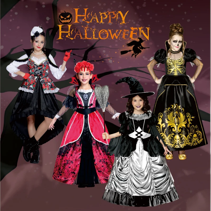 2023 Disguise Witch Costume for Girls Halloween Pirate Vampire Skeleton Dress Kids Carnival Cosplay Party Outfit Set Clothes