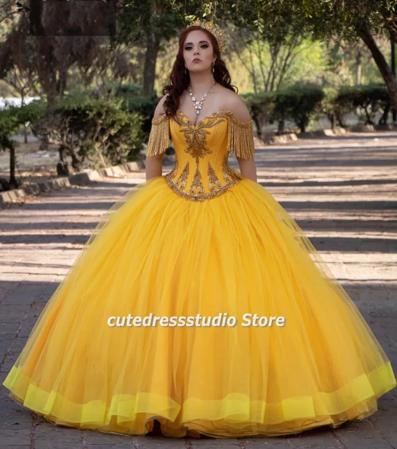 Bidight-vestidos de quinceañera amarillos, con abalorios y borlas, Charro, 15 años de hombros descubiertos, dulce vestido de desfile de 16 años