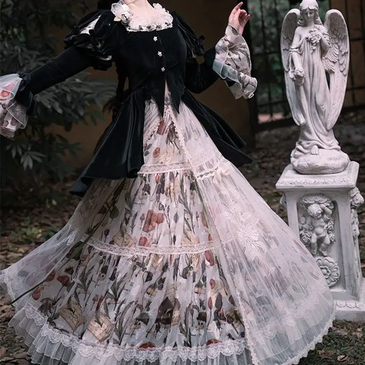 Autumn Winter Vintage Victorian Lolita Skirt Sets Women Halloween Black Velvet Short Top Embroidery Flower Print Mesh Long Skirt