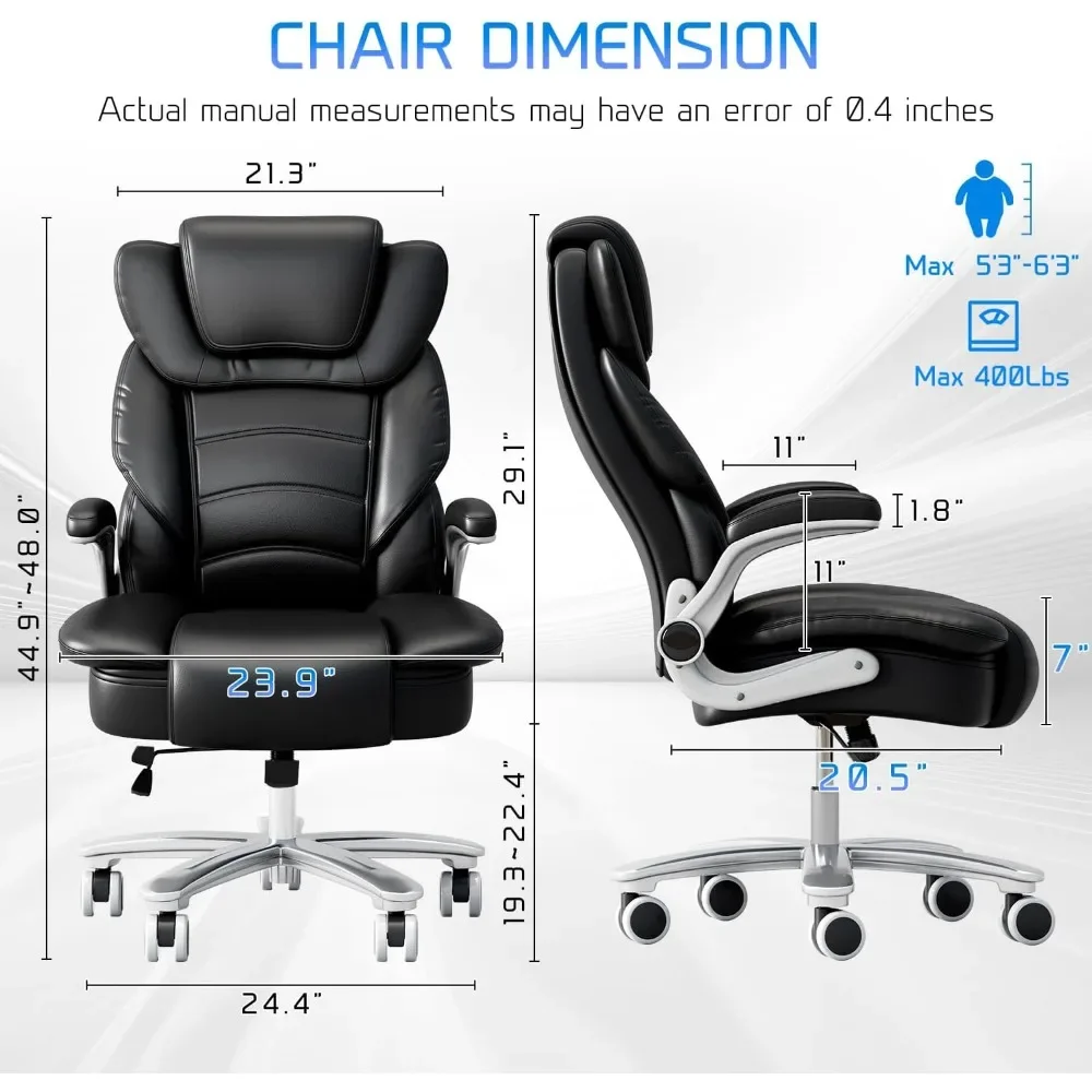 

Big and Tall Office Chair 400lb Wide Seat, High Back Leather Executive Office Chair with Flip-up Arms