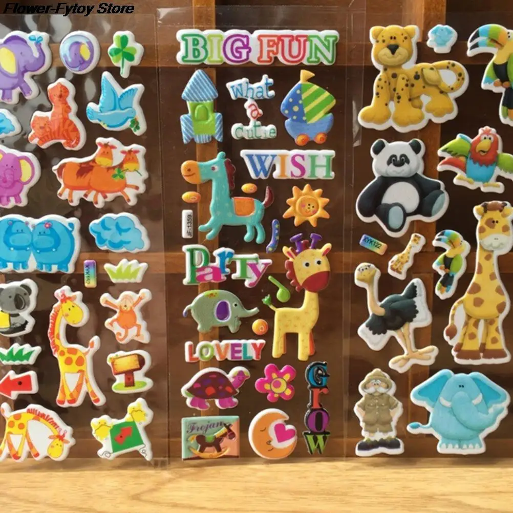 10 Sheets/lot 3D Cartoon Cute Animals Zoo 3D Stickers Children girls boys PVC Stickers Bubble Stickers Fashion Brand Kids Toys