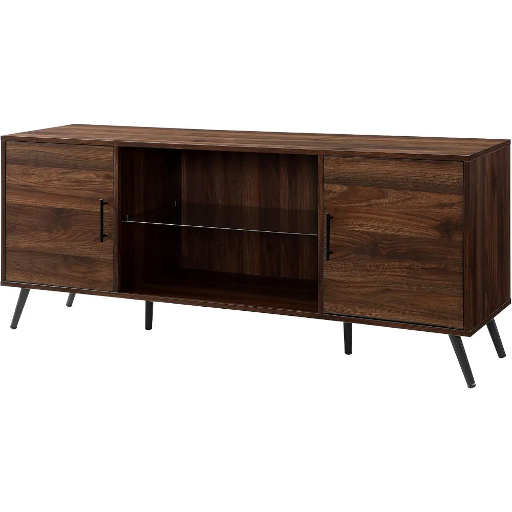 Saxon Mid Century Modern Glass Shelf TV Stand for TVs up to 65 Inches, 60 Inch, Walnut