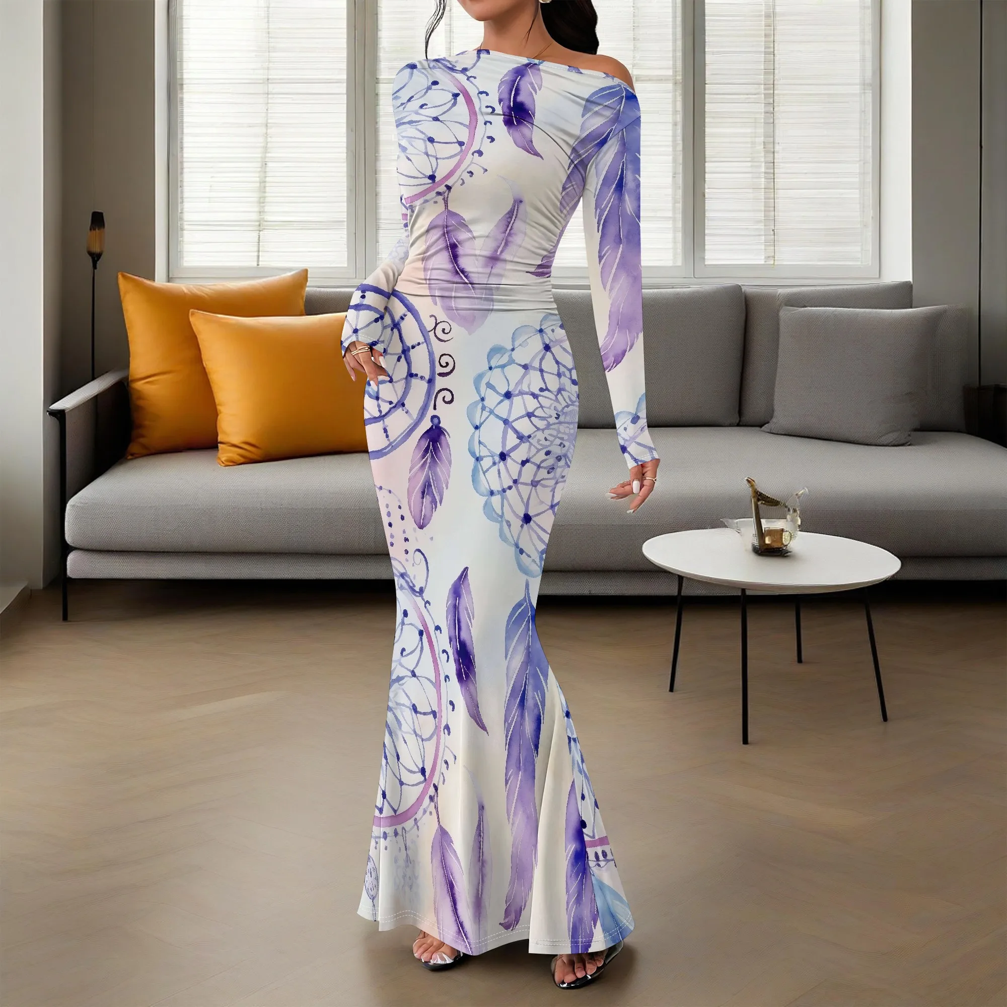 

Elegant Dreamcatcher Feather Print Long Dress for Women 2025 Off Shoulder Slim Fit Maxi Gown for Party Night Out XS-3XL