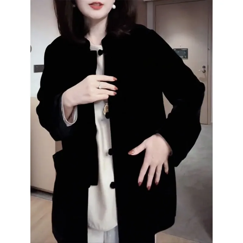 

Золотая бархатная куртка в китайском стиле в стиле ретро для женщин, осень-зима, новый универсальный свободный топ в национальном стиле в стиле Fogn