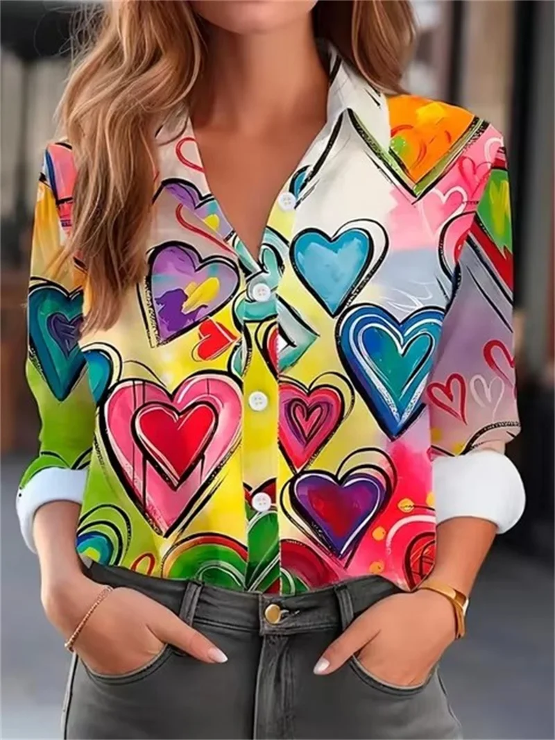Love heart Pattern Print Women\'s Blouses Fashion Elegant Lapel Long Sleeve Shirt Spring New 2025 Women\'s Single Breasted Shirts