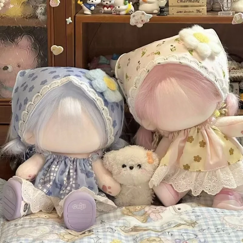 Lindo vestido de bebé estilo campestre de 20 cm, vestido de muñeca de algodón sin atributos, conjunto de muñeca con pañuelo en la cabeza