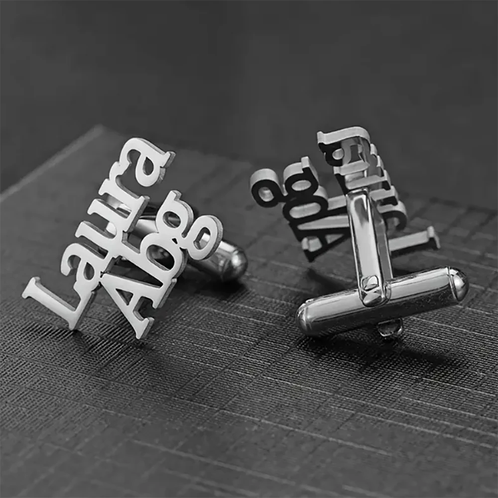 Customized Personalized Stainless Steel Exquisite Double-Layer Name Cufflinks, Hot Selling Men's Formal Sleeve Studs