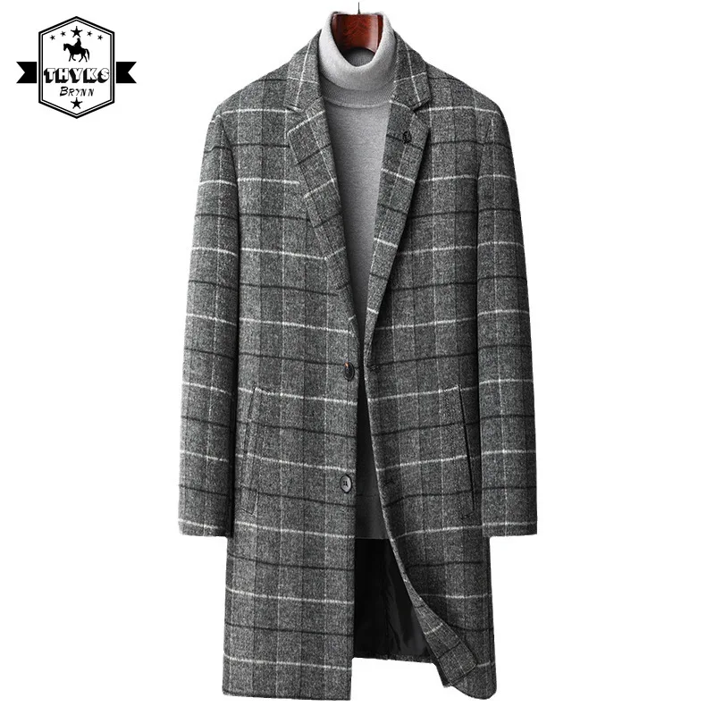 

New High Quality Woolen Overcoat Mens British Plaid Long Slim Fit Windproof Casual Blazer Male Autumn Winter Fashion Trench Coat