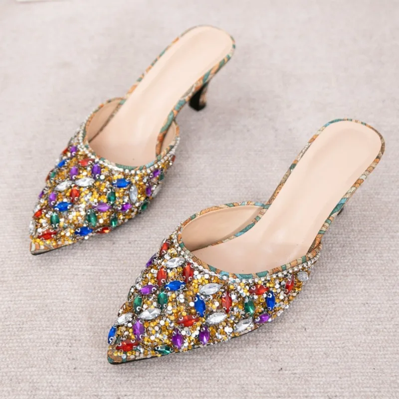 Luxury Rhinestone Kitten Heel Slippers Women Pointed Tou Slides Designer mules Party Shoes Fashion Shiny Heels Women Sandals