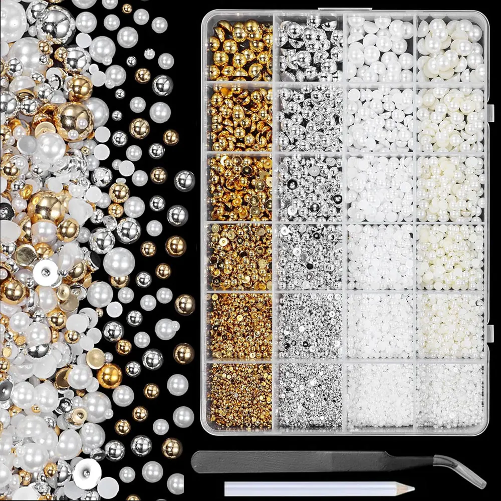 24grid Gold Silver Half Round Caviar Bead Nail Charms 1/2/3/5mm Flatback White Beige Pearl Nail Gems Rhinestones Resin Nail Deco