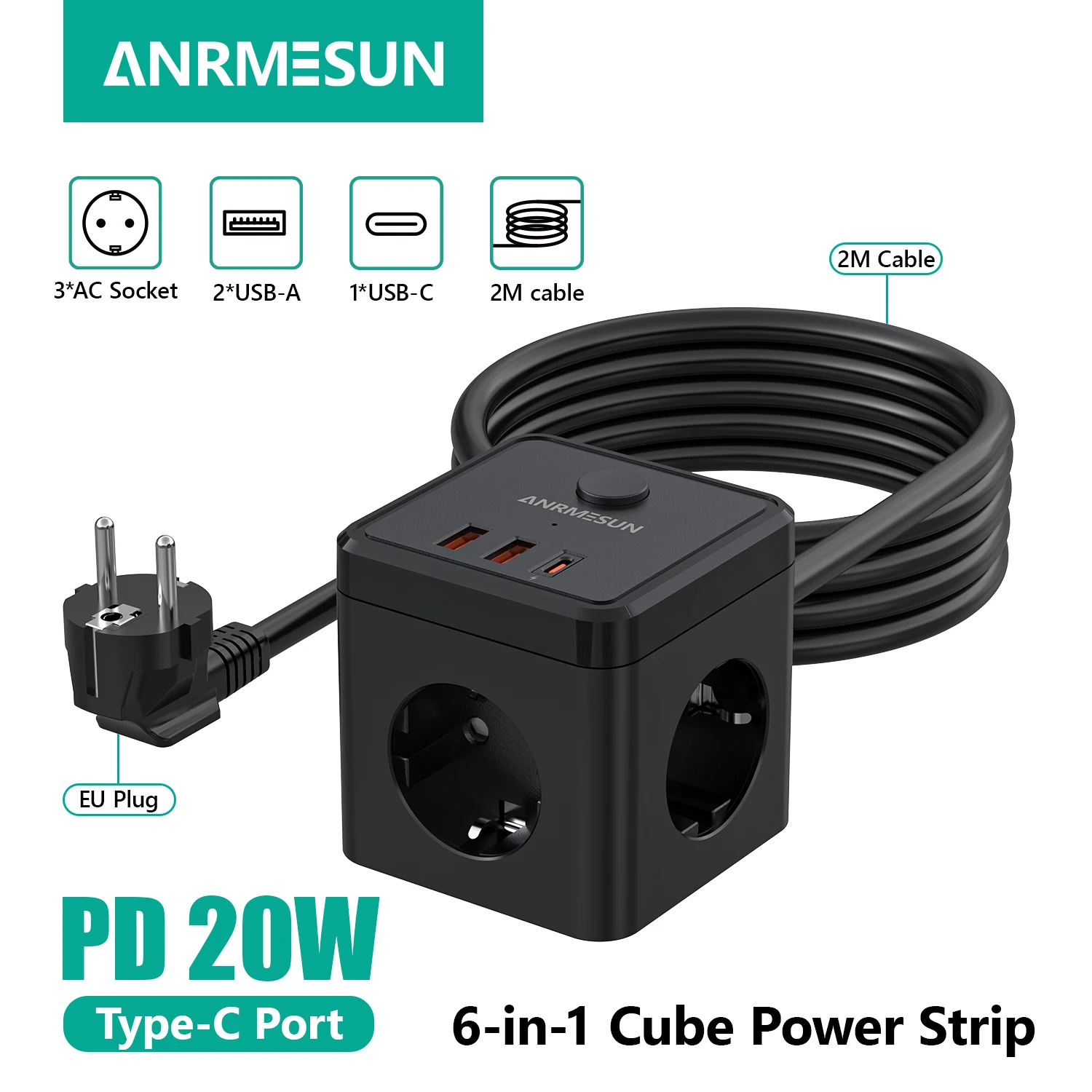 6-in-1 Power Strip Wall Socket Extender with 2M Extension Cable 3 AC 2 USB 1 Type-C Ports PD 20W Fast Charging Max 3680W(16A)