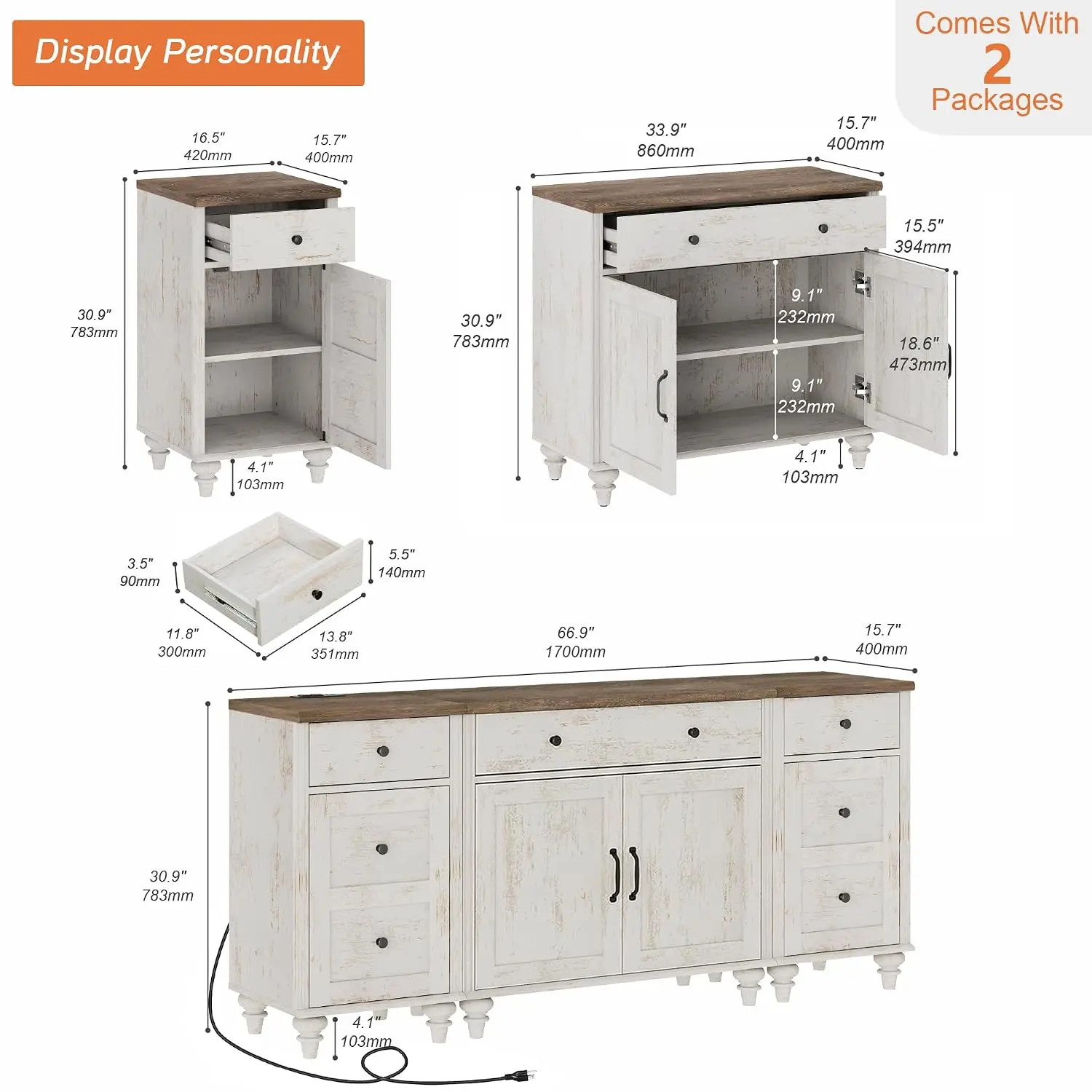 Farmhouse TV Stand for 75 Inch TV, 3-in-1 TV Console Table with Drawers & Doors, Entertainment Center with Charging, Customized