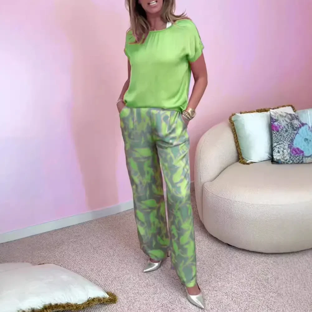 

Casual 2 Piece Sets Women Outfits Summer Short Sleeve T-shirt Tops & Wide-leg Pants Suit For Women Spring Loose Satin Suit