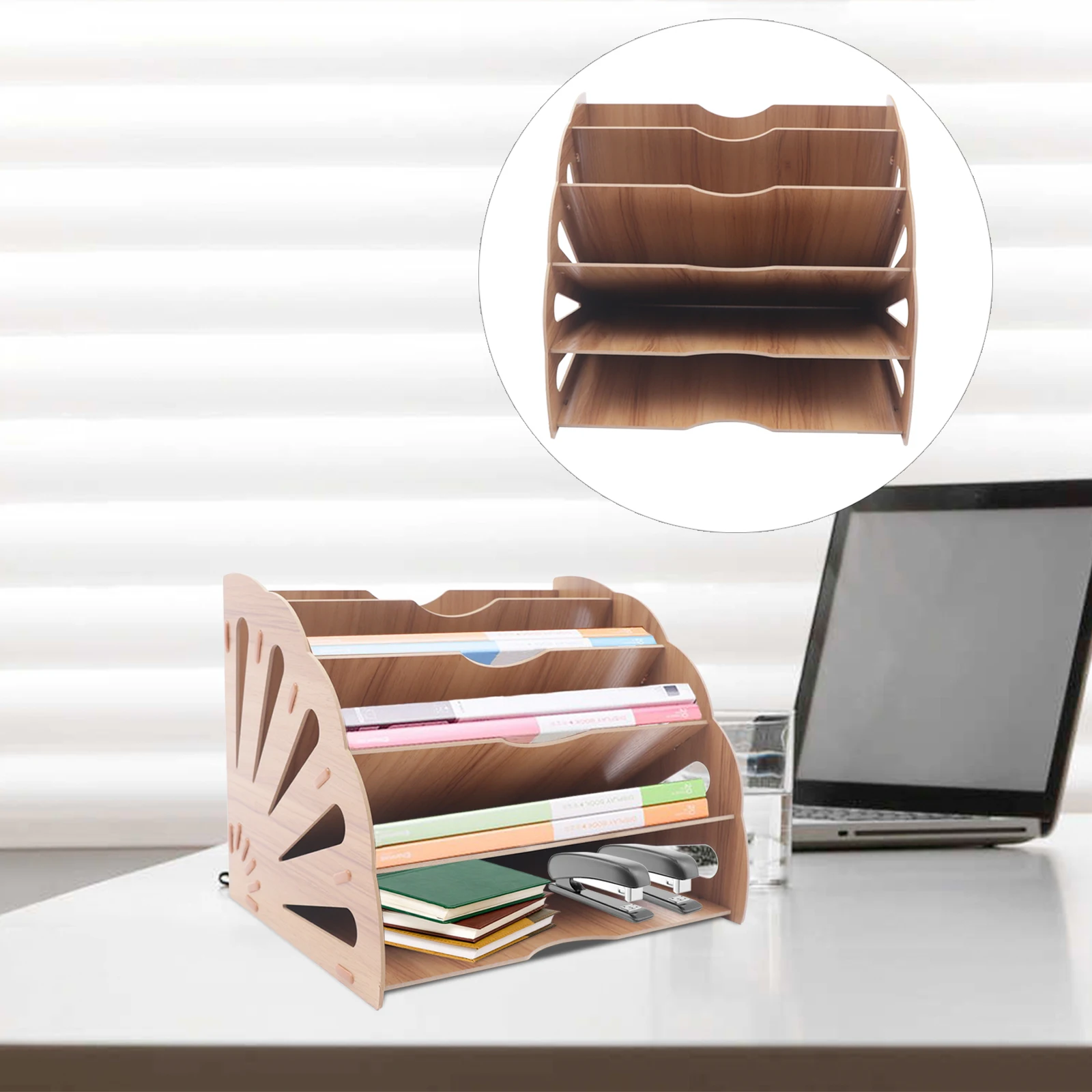 Fan-Shaped File Folder Holder Wood Organizer 5 Compartment Desk Wall Cubicle Partition File Organizer