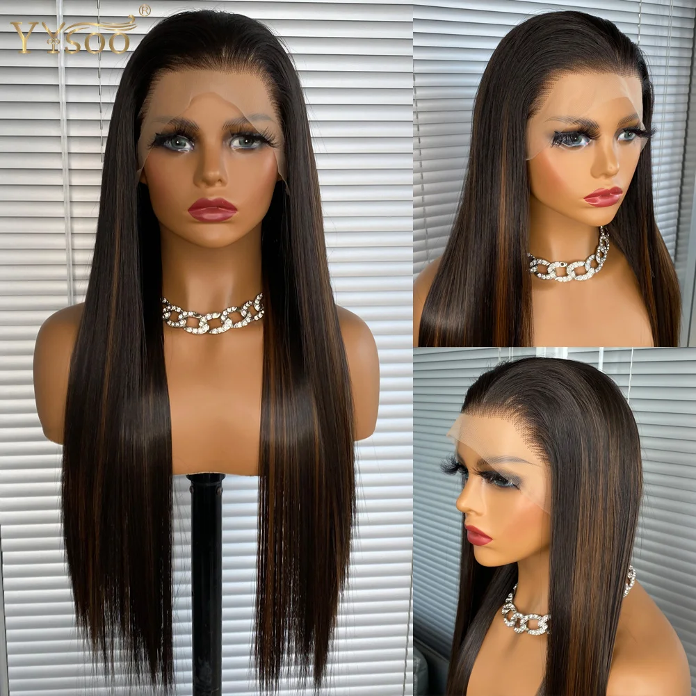 

YYsoo Long 13x4 Highlights Silky Straight Futura Synthetic Half Hand Tied Wig Lace Front Wigs For Black Women Natural Hairline