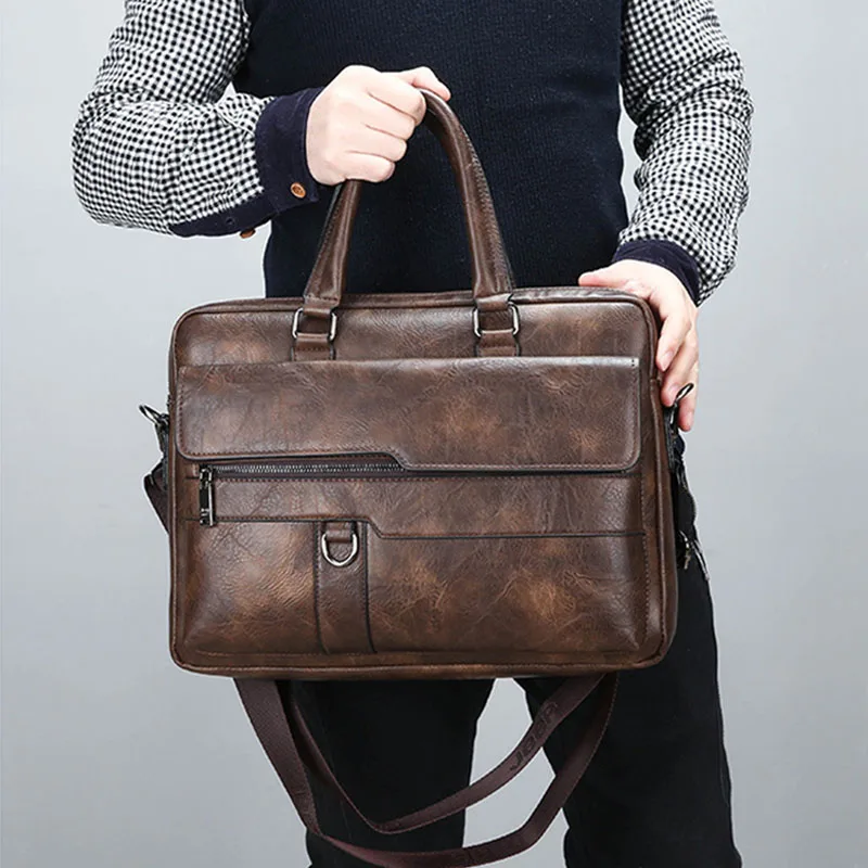 High Quality Leather Briefcase Men\'s Business Office Laptop Handbag 14 Inch Shoulder Bag Male Brand Tote For A4 File XA355C