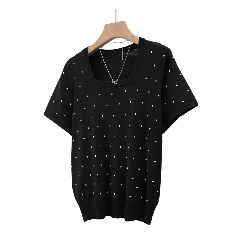 Oversized Summer Short Sleeve Dot Sweater Women Ice Silk Knit T-shirt Vintage Square Collar Loose Knitwear Tops M-4XL