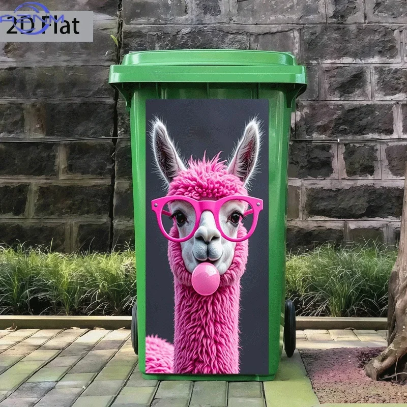 [2D Flat Printing] 1pc Trash Can Sticker [37×82 Cm] Pink Alpaca Blowing Bubbles Theme Design Wall Sticker Decoration Wallpaper