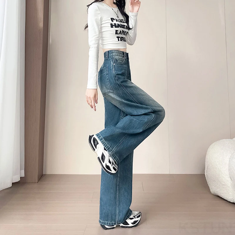 KSTUN خمر شارع العليا واسعة الساق الجينز للنساء عالية الخصر السراويل الفضفاضة الإناث مستقيم الساق سراويل جينز العصرية المرقعة #4